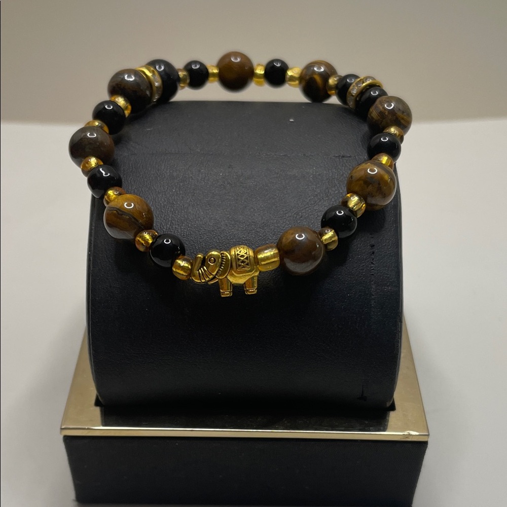Tiger Eye Beaded Bracelet with Gold Colored Elephant Charm